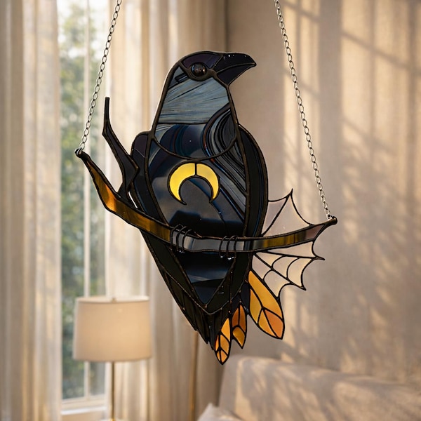 Atrapasueños de luna de cuervo negro, vitral gótico de imitación para colgar en la ventana, decoración del hogar de brujas, arte de cuervo de luna creciente, regalo de decoración