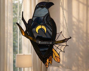 Black Raven Moon Suncatcher Gothic Faux Stained Glass Window Hanging for Witchy Home Decor, Crescent Moon Raven Art, Decoration Gift