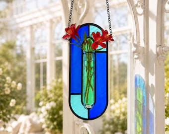 Stained Glass Hanging Flower Vase, Window Plant Propagation Décor, Handmade Suncatcher Gift, Garden Decor