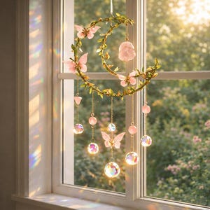 Handmade Boho Moon Suncatcher with Butterfly & Pink Flowers, Crystal Sun Catcher Window Hanging, Botanical Gift for Mom Grandma Her