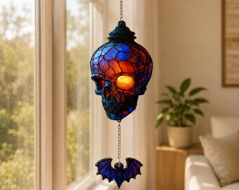 Vintage Gothic Skull Acrylic Suncatcher, Halloween 2D Acrylic Hanging Lantern With Light Up Eyes, Spooky Horror Home Decor Gift