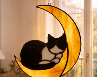 Black Cat on Crescent Moon Suncatcher, Acrylic Celestial Window Hanging, Mystical Cat Decor, Gift for Cat Lovers, Moon Home Ornament