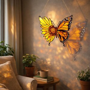 May include: A stained glass butterfly suncatcher, half sunflower and half monarch butterfly, hangs from a gold chain. The butterfly is yellow, orange, and black. The suncatcher casts a shadow on the wall. Home decor.