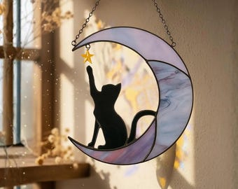 Black Cat on Crescent Moon Suncatcher, Acrylic Window Hanging, Celestial Cat Decor, Gift for Cat & Moon Lovers