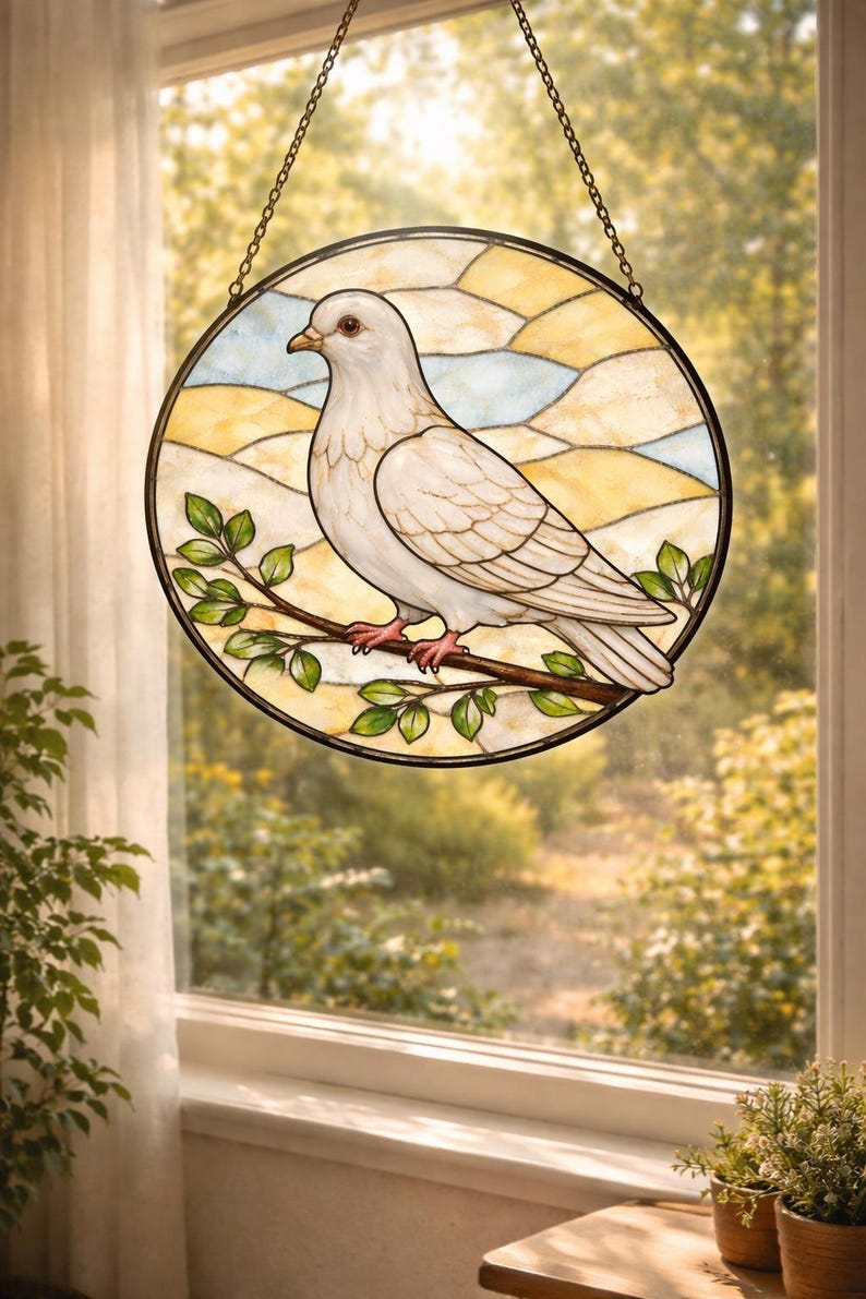May include: Stained glass window art featuring a white dove perched on a branch with green leaves. The dove is set against a backdrop of yellow, blue, and white stained glass, framed by a black circular border. The window hangs from a chain.