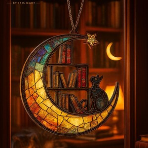 May include: A crescent moon-shaped suncatcher featuring a stained glass mosaic pattern in shades of yellow, orange, and blue. The design includes a central bookshelf filled with books and a black cat silhouette, topped with a small yellow star.