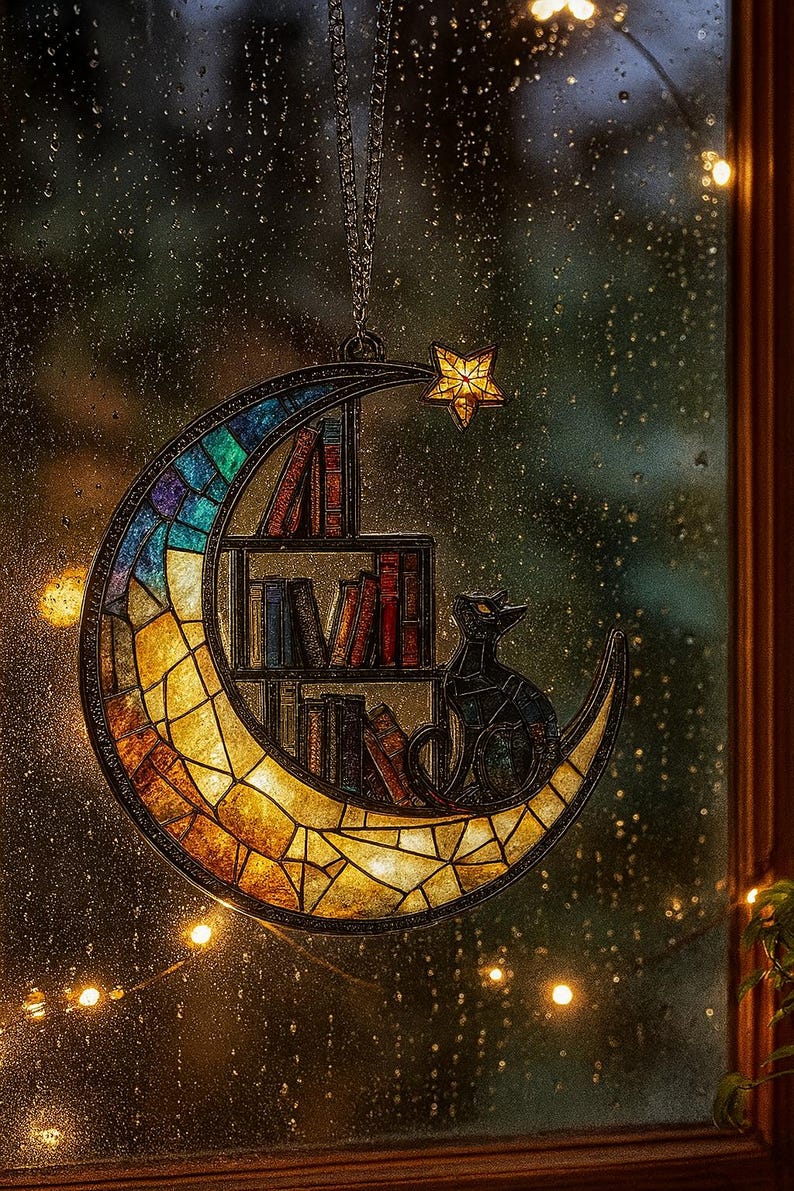 May include: A crescent moon-shaped stained glass suncatcher featuring a multi-colored mosaic pattern, a small bookshelf filled with various books, and a black cat silhouette. A small five-pointed star hangs from the top of the moon frame.