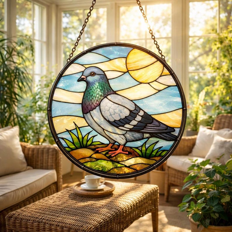 May include: A round stained glass window featuring a pigeon. The bird is depicted with gray, blue, and green feathers, standing on a patch of grass. The background shows a blue sky and a yellow sun. The window is framed in black and hangs from a chain.