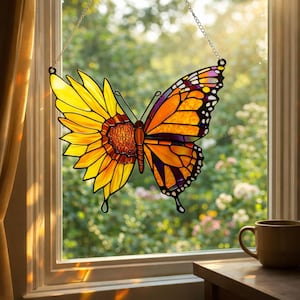May include: Stained glass butterfly suncatcher with a sunflower design on one side and a monarch butterfly design on the other. The suncatcher is suspended by a chain in front of a window, with a blurred outdoor background.