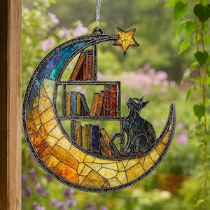 Moon Cat Library Suncatcher, Book Lover Window Decor