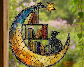 Moon Cat Library Suncatcher, Book Lover Window Decor