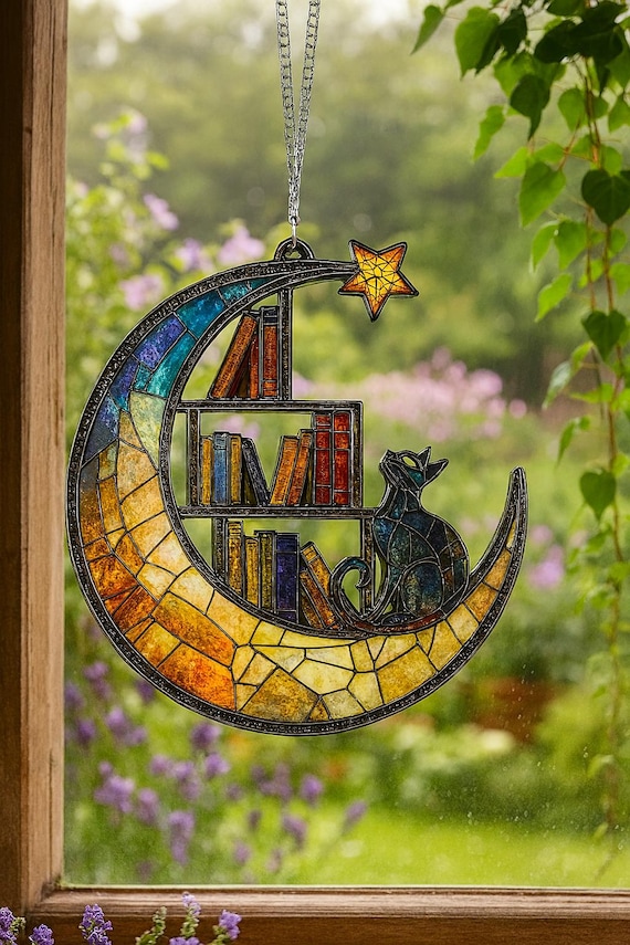Moon Cat Library Suncatcher, Book Lover Window Decor