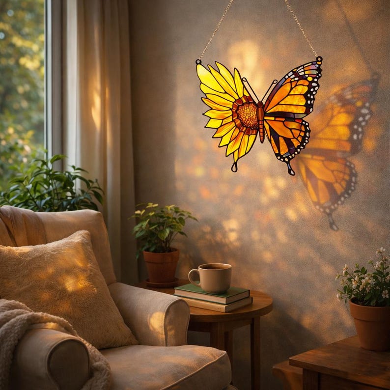 May include: A stained glass butterfly suncatcher, half sunflower and half monarch butterfly, hangs from a gold chain. The butterfly is yellow, orange, and black. The suncatcher casts a shadow on the wall. Home decor.