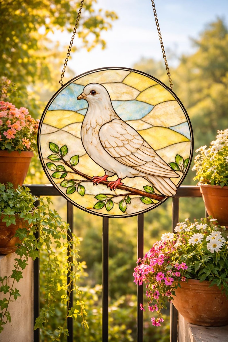 May include: A round stained glass window featuring a white dove perched on a branch with green leaves. The background is a mosaic of yellow, blue, and white glass. The window is hanging from a gold chain.