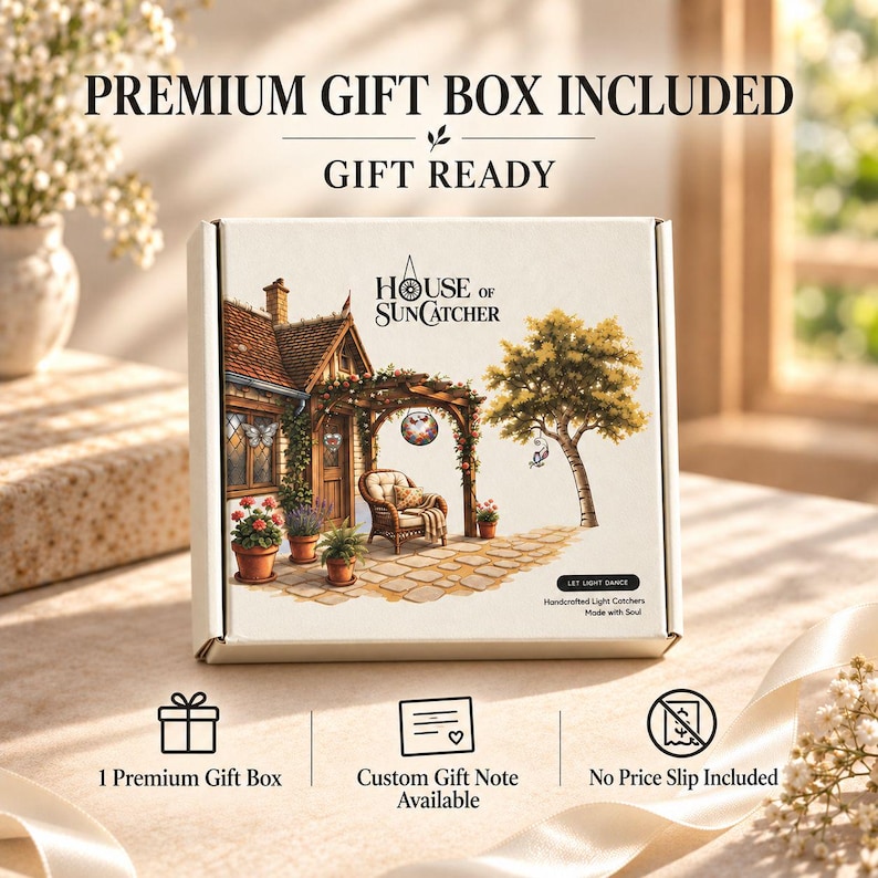 May include: A white square cardboard gift box featuring the text HOUSE OF SUNCATCHER and an illustration of a cottage patio with a wicker chair, potted plants, and a tree. The box includes text stating PREMIUM GIFT BOX INCLUDED and GIFT READY.