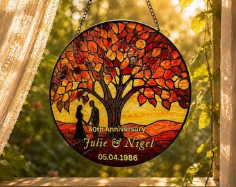 Personalized 3D 40th Wedding Anniversary Gift Stained Glass Suncatcher, Ruby 40th Wedding Anniversary Gift, 40th Anniversary Keepsake