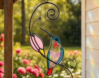 Hummingbird Stained Glass Bird Suncatcher, Window Hanging Sun Catcher, Grandma Gift, Nature Lover Decor, Floral Gift For Mother's Day