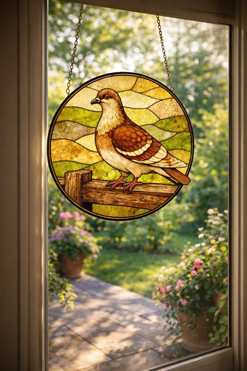 May include: A round stained glass window hanging featuring a brown and white bird perched on a wooden fence. The background is a landscape of green and yellow fields. The window is suspended by a gold chain.
