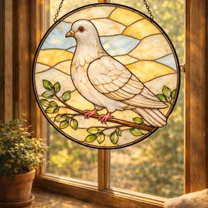 May include: A round stained glass window depicting a white dove perched on a branch with green leaves. The background features yellow and blue abstract shapes. The window is framed in a dark metal and hangs from a chain.