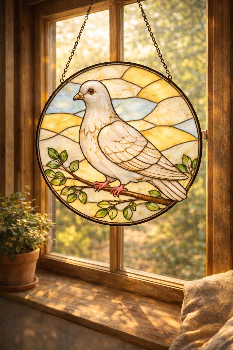 May include: A round stained glass window depicting a white dove perched on a branch with green leaves. The background features yellow and blue abstract shapes. The window is framed in a dark metal and hangs from a chain.