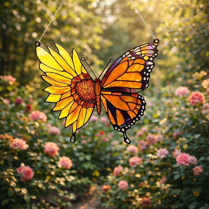 Stained Glass Butterfly Sunflower Suncatcher, Colorful Window Hanging, Faux Stained Glass Art, Bright Garden Decor Gift for Nature Lovers image 10