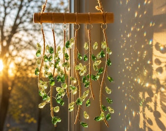 Attrape-soleil en cristal à feuilles vertes, décoration de fenêtre en forme de vigne, créateur d'arc-en-ciel, suspension bohème en cristal, attrape-lumière pour plantes