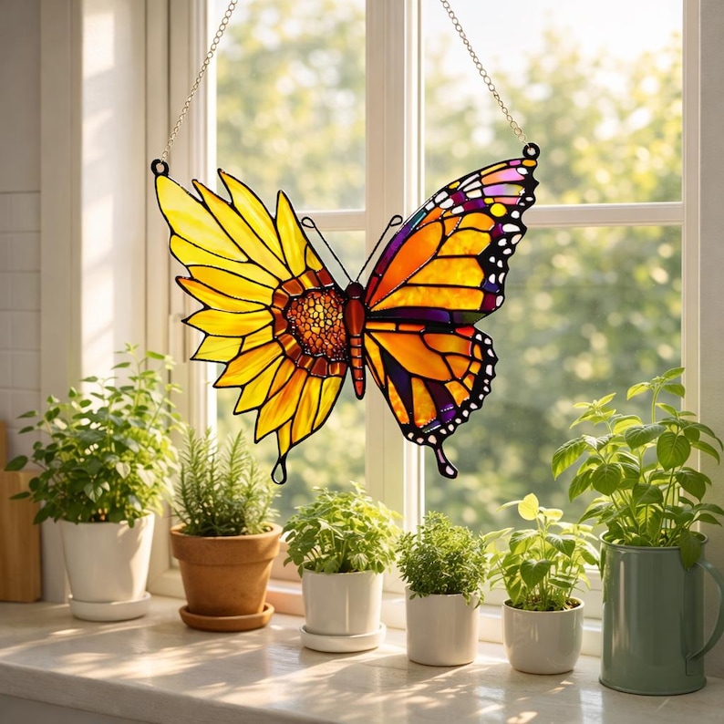 May include: A stained glass butterfly suncatcher, half sunflower and half monarch butterfly, hangs in front of a window. The butterfly features yellow, orange, purple, and black colors. The suncatcher is suspended by a silver chain.
