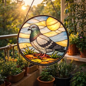 May include: A round stained glass window featuring a pigeon. The bird is depicted with gray, white, and iridescent feathers, perched on a colorful landscape with a yellow sun and blue sky. The window is framed with a dark metal chain.