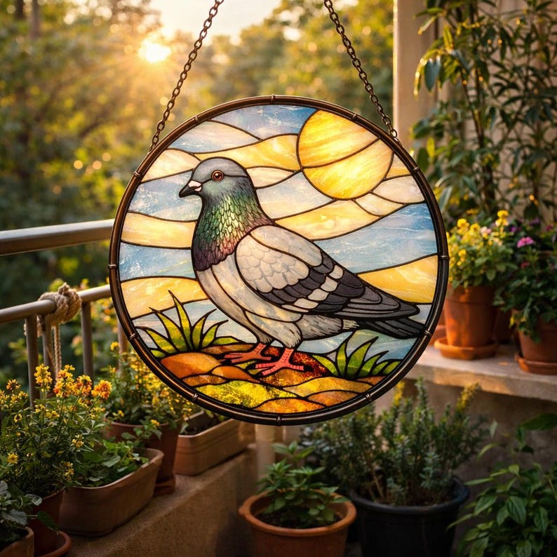 May include: A round stained glass window featuring a pigeon. The bird is depicted with gray, white, and iridescent feathers, perched on a colorful landscape with a yellow sun and blue sky. The window is framed with a dark metal chain.