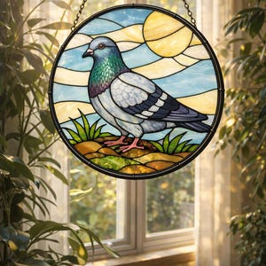 May include: A round stained glass window featuring a pigeon design. The bird is depicted with blue, gray, and green feathers, standing on a patch of grass. The background shows a blue sky with a yellow sun, all framed in black.