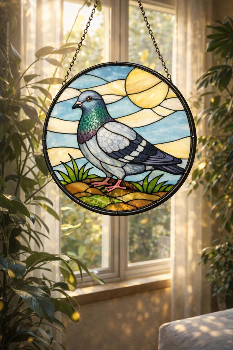 May include: A round stained glass window featuring a pigeon design. The bird is depicted with blue, gray, and green feathers, standing on a patch of grass. The background shows a blue sky with a yellow sun, all framed in black.