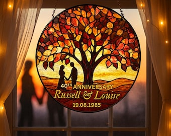 Personalized 40th Wedding Anniversary Gift Stained Glass Suncatcher, Ruby 40th Wedding Anniversary Gift, 40th Wedding Anniversary Keepsake