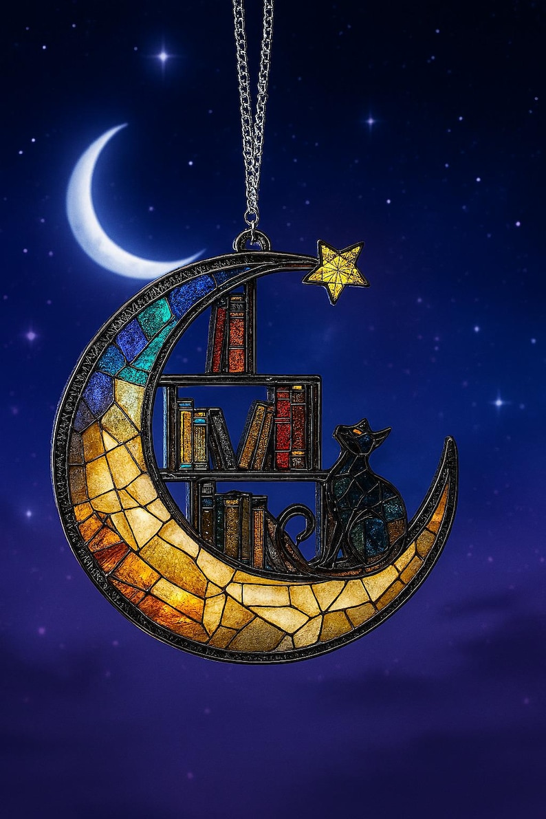 May include: A crescent moon-shaped hanging ornament featuring a stained glass design with a gradient of yellow, orange, and blue. It includes a small bookshelf filled with books and a black cat sitting on the moon, topped with a yellow star.