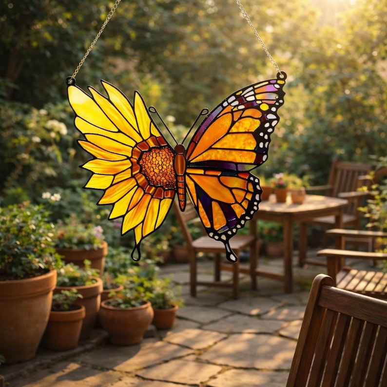 May include: A stained glass butterfly suncatcher, half sunflower and half monarch butterfly. The butterfly features yellow, orange, and black details, suspended by a delicate chain. The background shows a garden setting with potted plants and wooden furniture.