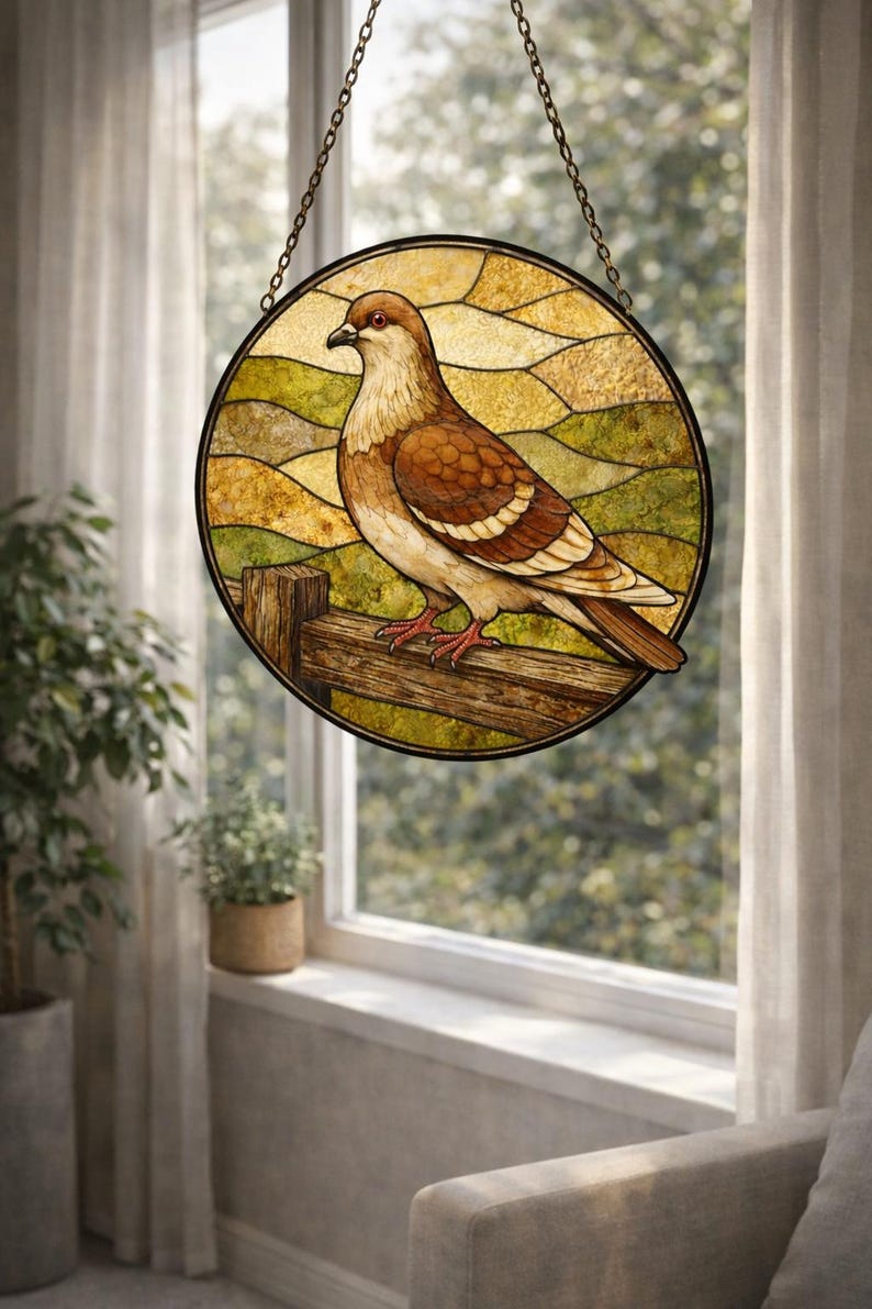May include: A round stained glass window depicting a brown and white pigeon perched on a wooden fence. The background features a landscape of rolling hills in shades of green and yellow. The window is suspended by a chain.