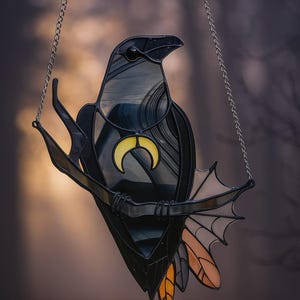 Black Raven Suncatcher: Gothic Crow Window Hanging, Spooky Home Decor