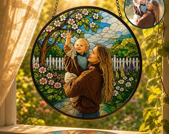 Custom Stained Glass Grandma Portrait Suncatcher – Personalized Photo Window Hanging, Mother’s Day Gift for Grandma
