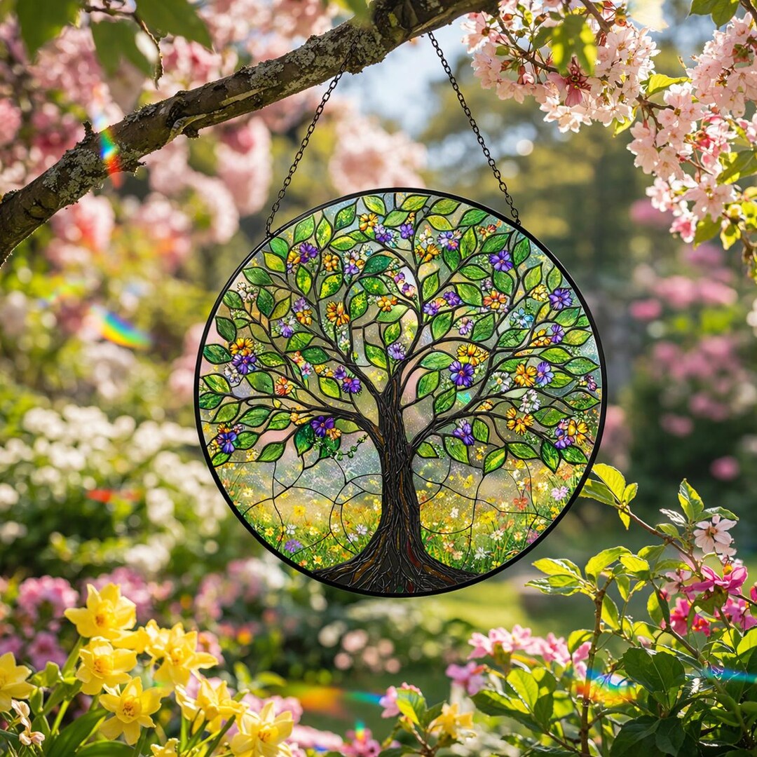 Stained Glass Tree of Life Suncatcher, Boho Window Hanging Decor ...