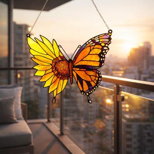 May include: Stained glass butterfly suncatcher, half sunflower and half monarch butterfly design. The wings are yellow, orange, and purple with black accents. The suncatcher hangs from a delicate chain, perfect for a window or wall decoration.