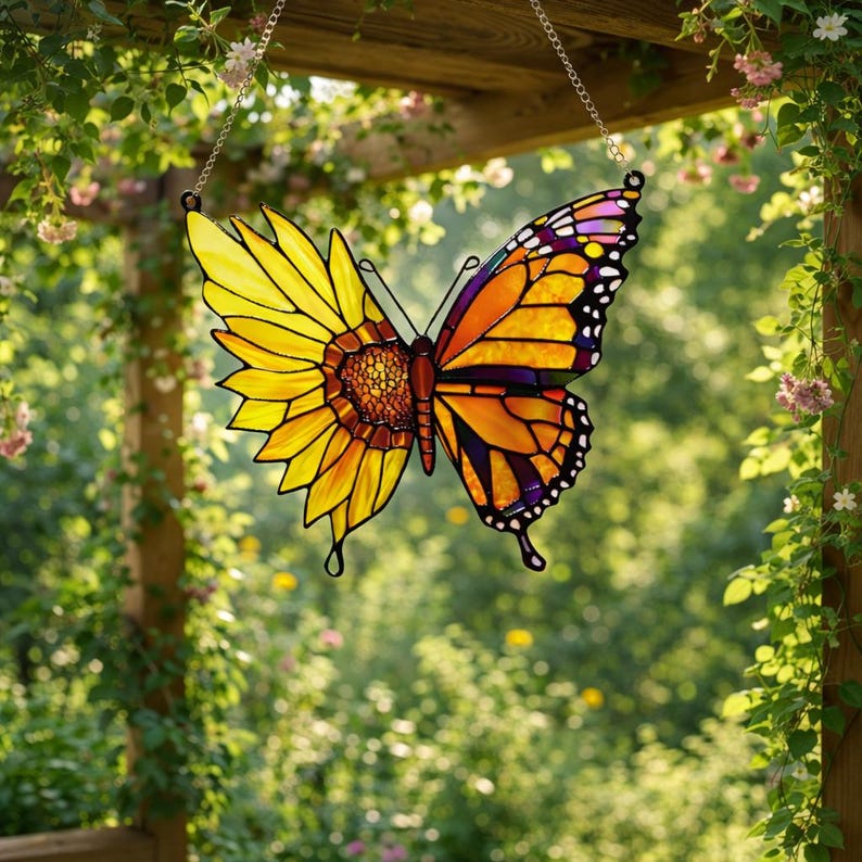 May include: Stained glass butterfly suncatcher with a sunflower design on one wing and a monarch butterfly pattern on the other. The colorful decoration hangs from a chain, adding a vibrant touch to any space. The butterfly is suspended in front of a lush green background.