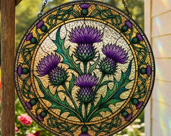 Stained Glass Purple Scottish Thistle Suncatcher: Colorful Floral Glass Art, Thistles Flower Window Hanging