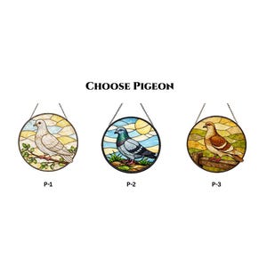 May include: Three stained glass roundels featuring pigeon designs. Each roundel has a different pigeon illustration, with varying colors and backgrounds. The text "CHOOSE PIGEON" is above the roundels.