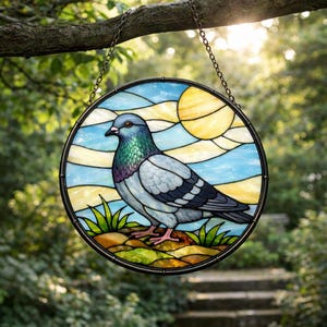 May include: A round stained glass window featuring a pigeon. The bird is depicted with blue, gray, and green feathers, standing on a colorful landscape with a yellow sun and blue sky. The window is framed in black and hangs from a chain.