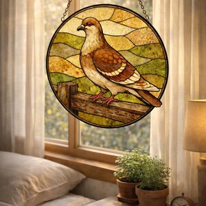 May include: A round stained glass window depicting a brown and white pigeon perched on a wooden fence. The background features a landscape of green and yellow fields. The window is suspended by a chain in front of a window with sheer curtains.