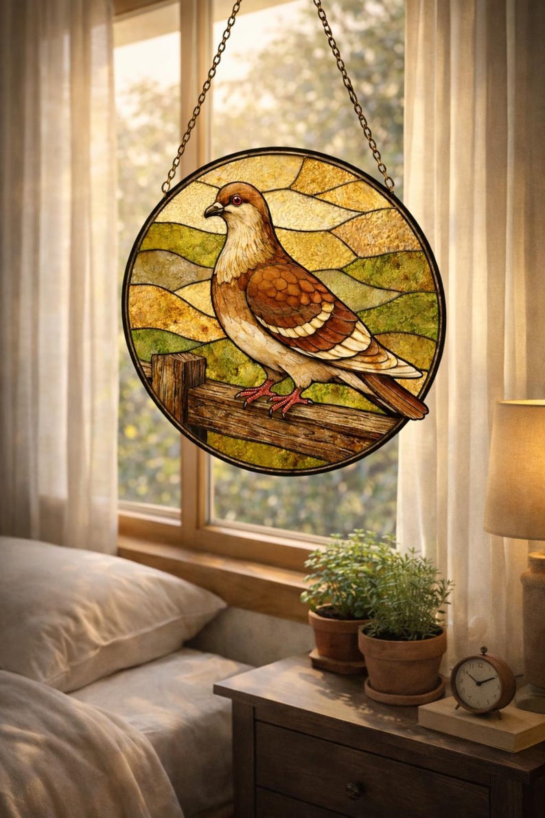 May include: A round stained glass window depicting a brown and white pigeon perched on a wooden fence. The background features a landscape of green and yellow fields. The window is suspended by a chain in front of a window with sheer curtains.
