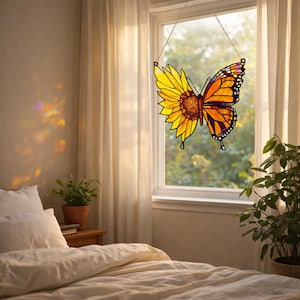 Stained Glass Butterfly Sunflower Suncatcher, Colorful Window Hanging, Faux Stained Glass Art, Bright Garden Decor Gift for Nature Lovers image 3