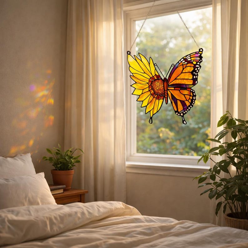 Stained Glass Butterfly Sunflower Suncatcher, Colorful Window Hanging, Faux Stained Glass Art, Bright Garden Decor Gift for Nature Lovers image 3
