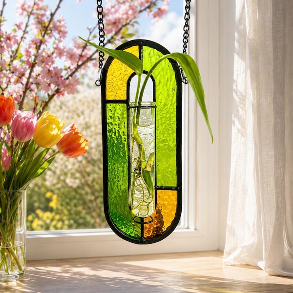 Decoración para propagación de plantas en ventanas, jarrón colgante de vidrieras para flores, atrapasoles, maceta de pared hecha a mano, regalo, decoración botánica para el hogar.