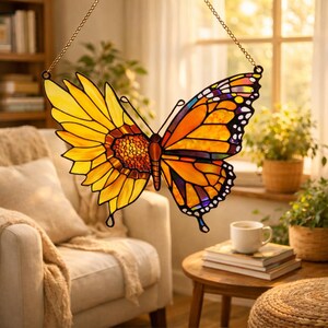May include: A stained glass butterfly suncatcher, half sunflower and half monarch butterfly, hangs from a gold chain. The butterfly features yellow, orange, and purple hues. The suncatcher is displayed in front of a window with natural light.