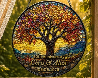 Personalized 3d 50th Anniversary Gift Tree of Life Suncatcher, Custom Stained Glass Art Gift for Parents, Wedding Gift, Mother’s Day Gift